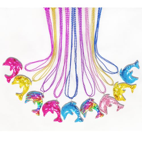 CiciBear 15 Pack Dolphin Sequin Necklace Party Favors with Mardi Gras Beads for Sea World Themed Party Favors Home Decorations Festivals Wedding Birthday Celebrations 5 Colors
