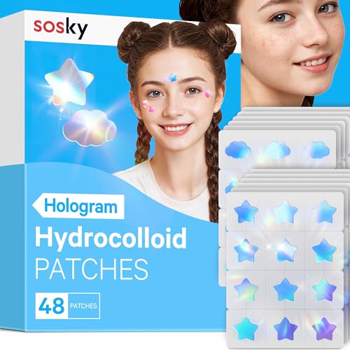 Image of Sosky Hologram Pimple Patches for Face, Hydrocolloid Acne Patches with Salicylic Acid, Cute Star Zit Stickers,Colorful Blemish Covers,48 Count Blue Star Cloud