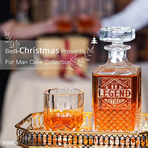 Image of PONPUR The Legend Has Retired 2026 Retirement Gifts for Men Women, Whiskey Decanter Gift Set with 2 Whisky Glasses, Best Christmas Birthday Presents for Dad Coworkers Teacher