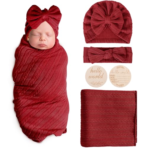 Image of AQOKKA Newborn Receiving Blanket with Bow Hat Headband Wooden Card Set Wheat-Pattern Newborns Toddler Baby Boy Girl Nursery Swaddle Wrap