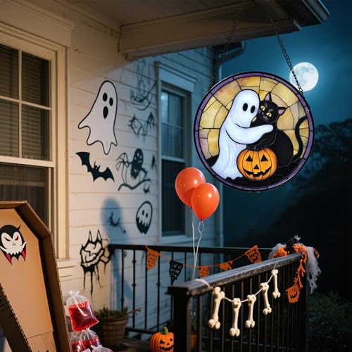 Image of Stained Glass Window Hanging - Halloween Decorations Cute White Ghost Black Cat Suncatcher for Doors Garden Spooky Sun Catchers Gothic Decor Horror Gifts for Women Men Friend Boy 15 in