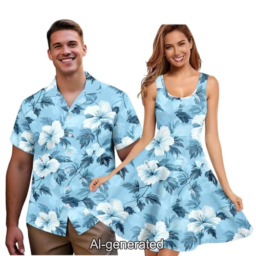 Image of Dreaweet Summer Dresses for Women A-Line Sleeveless Flowy Sun Dresses,Men's Casual Button-Down Shirts,Couple Matching Outfits