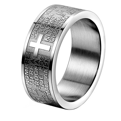 JewelryWe Bijoux Bague Homme Femme Croix Prière Chrétienne Acier Inoxydable Anneaux Fantaisie pour Homme et Femme Couleur Argent Largeur 8mm avec Sac Cadeau(Taille de Bague 54.5)