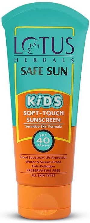 Lotus Herbals Safe Sun Kids Soft-Touch Sunscreen SPF 40 PA+++ | Waterproof & Sweatproof | Preservative Free | Anti Pollution | All Skin Types | 80g