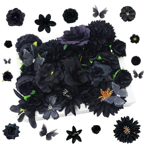 Bayurht 50pcs Black Artificial Flowers Bulk, Silk Flowers Flower Heads for Decoration, DIY Crafts, Wedding,Party, Halloween Decor, Home Decor, Mini Silk Flower Heads for Floral Arrangements