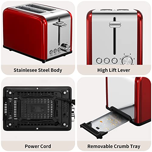 Toaster 2 Slice, Retro Small Toaster With Bagel, Cancel, Defrost Function, Extra Wide Slot Compact Stainless Steel Toasters For Bread Waffles, Red #TOP4