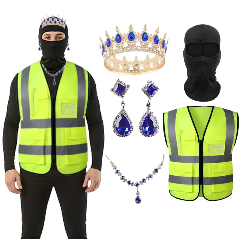 5PCS Museum Robber Costume Set - Adult Burglar Outfit (Crown/Jewelry/Mask/Vest) | Halloween Costumes for Men & Women (Blue)