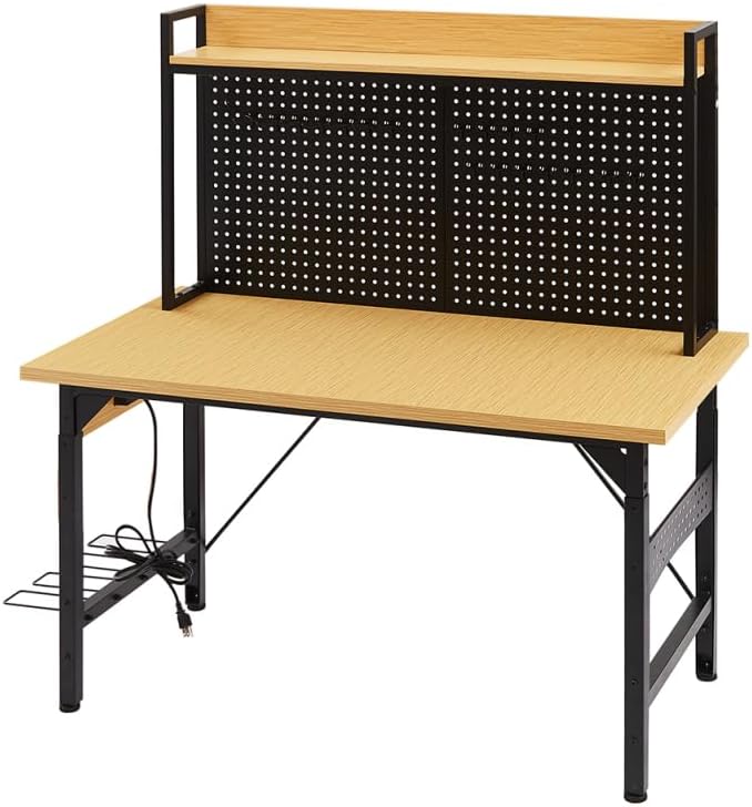 1 Set Work Bench: Movable Welding Table - Adjustable Workbench with Pegboard 48 Inch - 1600 Lbs Load Capacity Work Table with Ac/USB Outlets & Lockable Casters,for Garage Workshop
