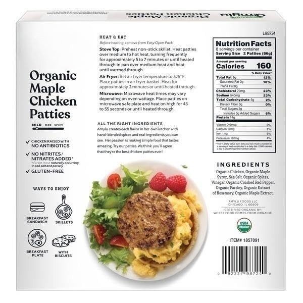 Organic Maple Patties, Maple, Natural Ingredients, 14g of Protein, GAP Chicken Raised with No Antibiotics, Fully Cooked, Gluten-Free, Pork-Free, No Nitrates or Nitrites [ 24 oz, 1.5 lb ]