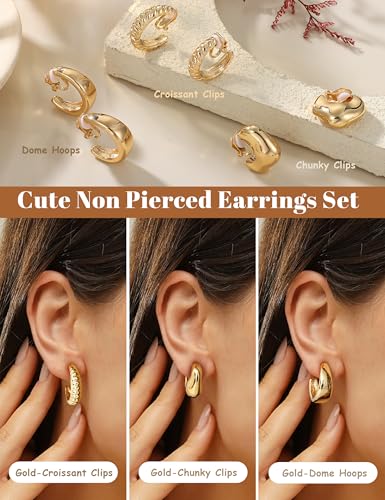 Image of BESTEEL 3Pairs Clip on Earrings for Women Trendy Hypoallergenic 14K Gold Plated Chunky Tube Croissant Waterdrop Clip-on Hoop Earrings Set Fake Jewelry Non Pierced Ears
