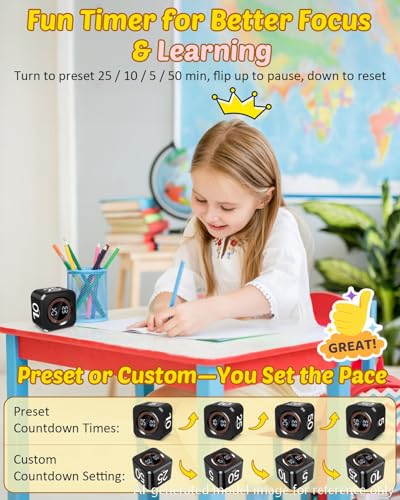 Image of Digital Pomodoro Timer Cube 5 /10 /25 /50min, Visual Productivity Flip Timer for Kids Classroom Desk, Custom Countdown, Silent and Sound Mode for ADHD Study Work Game Kitchen (Black)