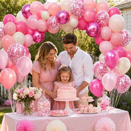 Image of Shades of Pink Balloons 12 Inch, Hot Pearl Light Pastel Baby Dark Bright Pink Sand Latex Balloons with Metallic Magenta Pink Confetti Balloon for Princess Theme Birthday Wedding Bridal Shower Party