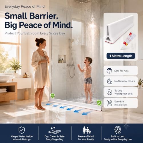 Image of Shower Water Barrier 1M, 5cm High Silicone Water Dam with Adhesive, Shower Threshold Strip & Bathroom Floor Water Stopper for Shower Door, Bathtub & Kitchen Sink, White