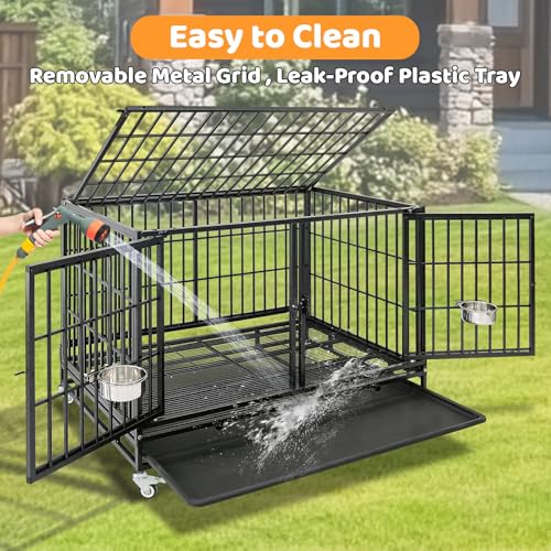 Homey Pet 43 Inch Heavy Duty Dog Crate Cage Kennel for Medium Dogs with Three Door, Divider, Removable Grid & Tray, 4 x Lockable Wheels, 2 x Bowls, Stackable Drop Cages for Breeders, Groomers