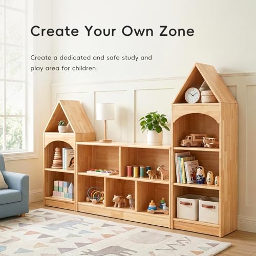Image of OOOK Rubberwood Montessori Shelf, 4-Tier Toy Organizers and Storage, Wood Corner Cabinet for Kids Room, Playroom, Nursery, Classroom, Kindergarten
