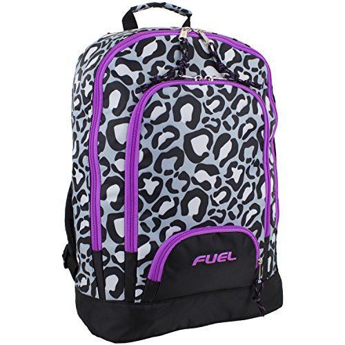 Fuel Girls' Multi Pocket Backpack With Tech Compartment, Black/Purple/Leopard Print