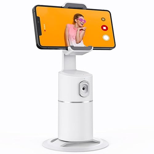 Auto Face Tracking Phone Holder, No App Required, 360° Rotation Face Body Phone Tracking Tripod Smart Shooting Camera Mount for Live Vlog Streaming Video, Rechargeable Battery-White - White