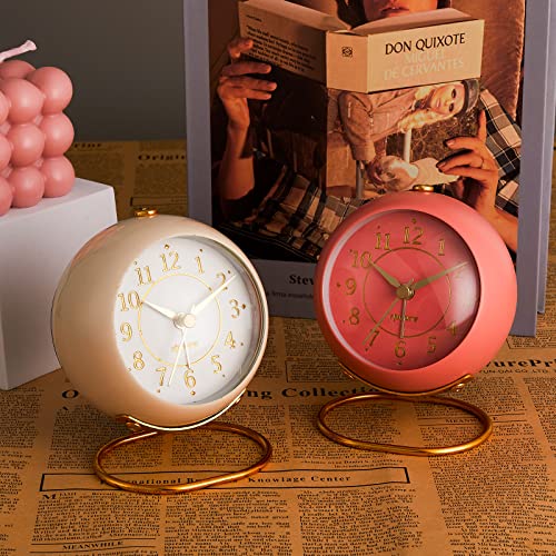 Rjuwurv Metal Desk Alarm Clock, Retro Bedroom Table Vintage Analog Alarm Clock, Silent Non-Ticking Gold Alarm Clock, Bedside Décor(Sweet Pink) #TOP3