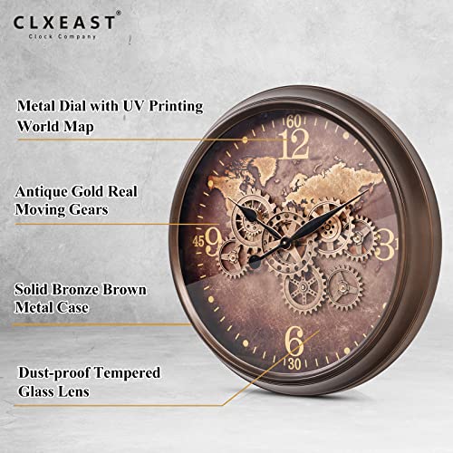 Clxeast 24 Inch Large Wall Clock With Moving Gears, Industrial World Map Modern Wall Decor Clock, Oversized Cool Silent Wall Clock For Living Room Decor,Office,Oil Rubbed Bronze Brown #TOP2