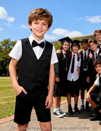 Image of A&J DESIGN Boys Short Suit Set 3 Pieces Kids Formal Gentleman Outfit, 4-11 Years, Shirt + Vest + Shorts + Bow Tie