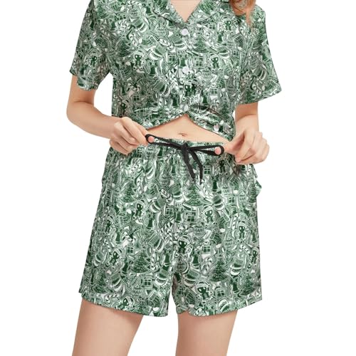 Image of Funny Pajamas for Women Set Print Satin Loungewear Pjs Short Sleeve Button Down Top and Shorts Sets Sleepwear XS-3XL