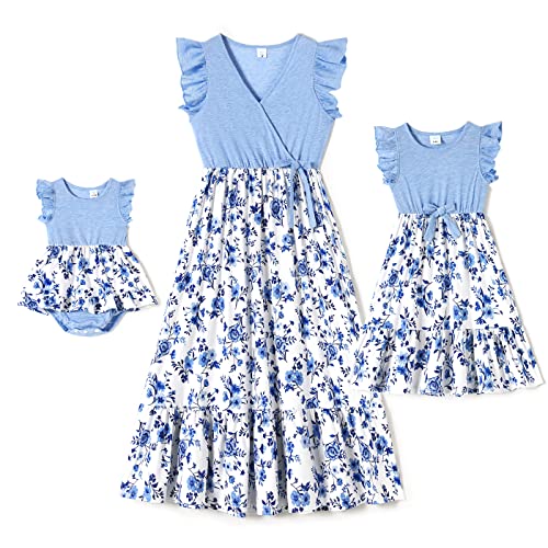 IFFEI Mommy and Me Dresses Outfits Solid Floral Print Splicing Dresses 9-12M Blue