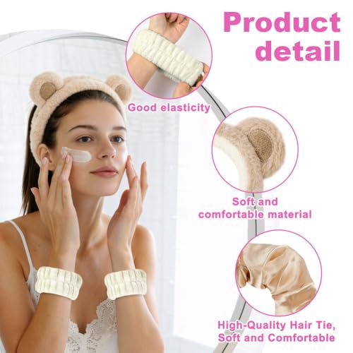 HOTUT 4PCS Diadema Spa para Lavarse la Cara Set,Suave Tejido de Rizo Diademas,Cinta Pelo Mujer Muñequeras Skincare Elásticas,Maquillaje Cuidado de la Piel Diadema Antideslizante para Mujeres - imagen 2