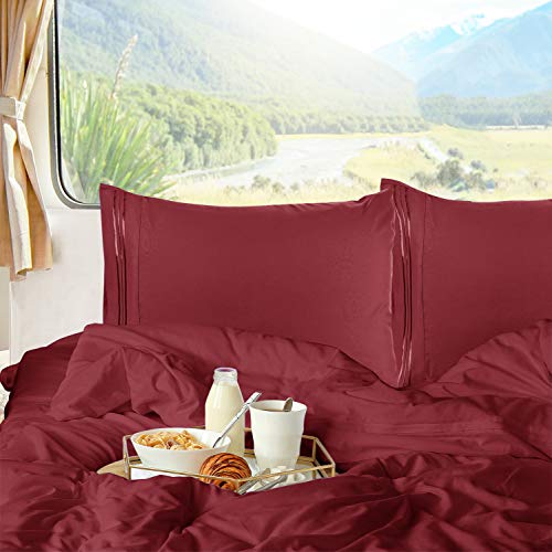 Nestl Burgundy Red Short Queen Sheets for RV, Hotel Luxury RV Queen Sheets Set, 6 Piece Fitted Bed Sheet Set and Pillowcases, Super Soft, Wrinkle-Free, and Breathable Camper Bedding