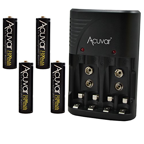 4 Acuvar AA Rechargeable Batteries + Acuvar 3 in 1 Battery Charger for Double AA, Triple AAA and 9V Batteries