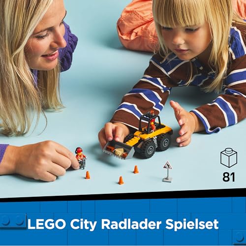 LEGO City Radlader - Spielzeugbagger für Kleinkinder, Mädchen und Jungen ab 4 Jahren - Fahrzeug Spielset - Montessori Geschenkideen für die Vorschule - Set mit 2 Bauarbeiter Minifiguren 60450