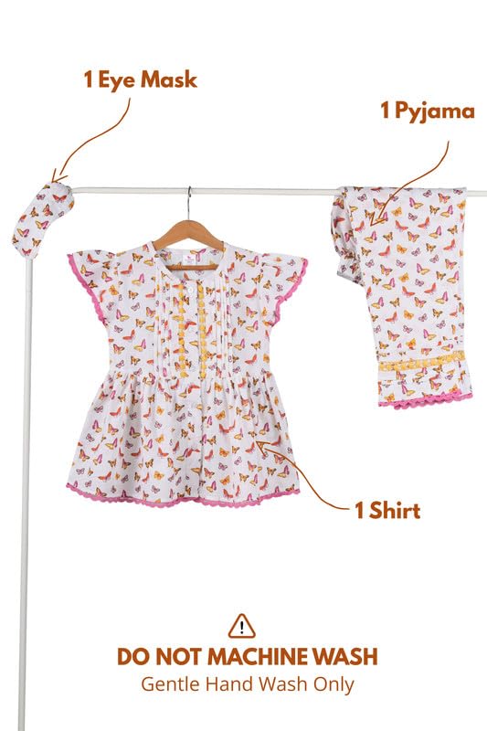 Image of Tweeny Mini Girls Kids Pure Cotton Nightsuit | Nightwear | Sleepwear | Nightdress with Pajama and Halfsleeve Top Cute Butterfly Printed with Eye Mask
