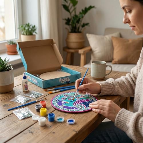 Image of HOBBY INDIA Lippan Art and Craft Materials Kit for Adults and Beginners I Premarked MDF Board Mandala Art Painting DIY Kit for Room Wall Hanging Office and Home Decoration (Peacock)