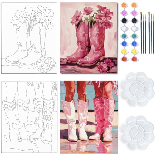 Toile pré-dessinée bottes de cowgirl roses peinture rétro 20x25 cm