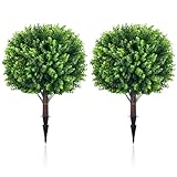 Artificial Topiary Tree with Eucalyptus, Set of 2 UV Resistant 17in Miniature Trees, Outdoor for Porch, Fake Bonsai Topiaries, Greenery Balls, Faux Shrubs for Planters, Curb Appeal Decor