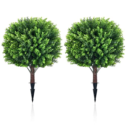 24' Artificial Green Eucalyptus Topiary Ball Tree Set of 2, UV Resistant Fade-Proof Faux Evergreen...