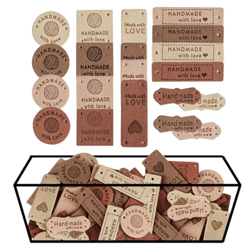 TOGETRUE 40pcs Leather Handmade Sewing Labels, Faux Handmade with Love Leather Tags for Crochet Items, Crochet Tags for Handmade Items, Knitting, Sewing Projects and DIY Crafts (Style A)