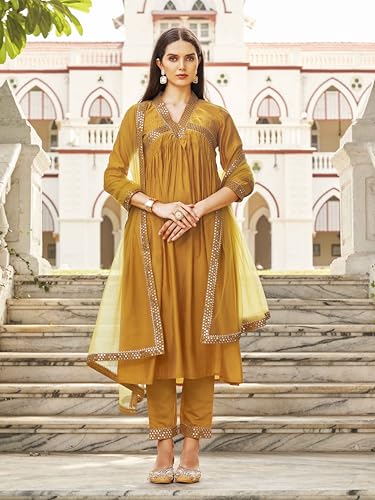 Womanista Women's Silk Blend Mirror Alia Cut Flared Kurta With Pant And Dupatta (Kurtaset_1298_L)