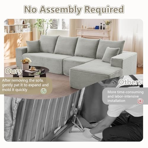 Image of 135 inch Cloud Sectional Couch with L-Shape Chaise, Modern Modular Comfy Sofa Chaise Longue, Upholstered Corduroy Couches Sleeper with Deep Seat for Living Room Bedroom, No Assembly Required, Grey