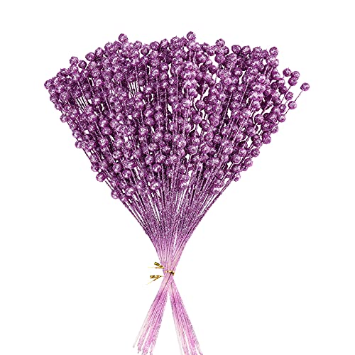 ASSR 100Pack Christmas Glitter Berries Stems,15.7in Fake Christmas Picks Glitter Sticks,Artificial Fruit Berry Picks for Xmas Tree Ornament -Purple 210712XU03-5-2#BVR59 13.8-15.7in