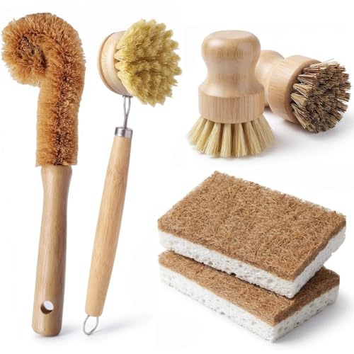 Natural Bamboo Dish Brush Set - 6 PCS Kitchen Cleaning Brush Kit with 4 Utensil Brushes and 2 Coconut Fiber Dish Sponges, for Cleaning Pots, Pans, Dishes, Bottles, Vegetables, and Fruits