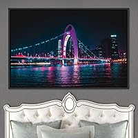 Framed Canvas Wall Art City Illuminations Aerial Cityscape Contemporary Multicolor Photography Places Realism - 16x24 inches