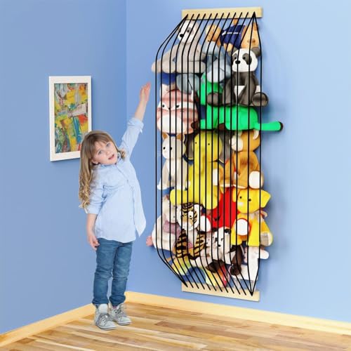 Stuffed Animal Storage 2 Pack Wood Soft Toy Organizer for Kids Room,Cute and Durable Wall or Door Mount Length Adjustable Hanging Stuffed Animal Toy