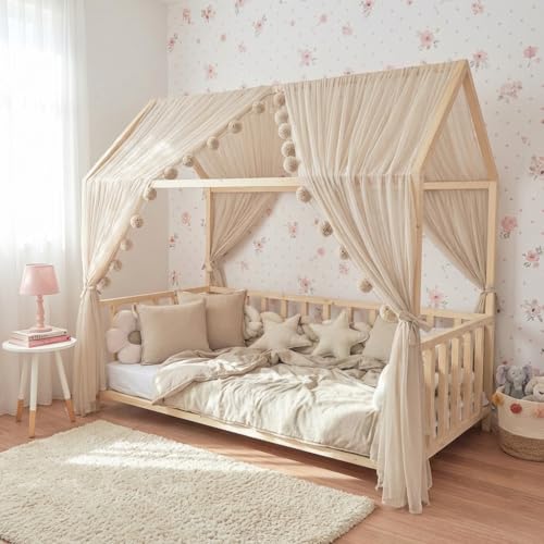 Baby Fancyroom Ciel de lit de Maison, Beige, décoration pour Chambre d'enfant, lit d'enfant, baldaquin, Guirlande de Pompons en Tulle de qualité supérieure...