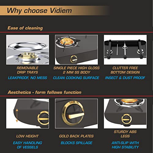Image of Vidiem Gas Stove S2 240 A Tusker Gold (Black) | Glavanized Iron 2 Burner framelesss Gas Stove | Manual Ignition | Safety, Reliability, High Efficiency | 5 years warranty