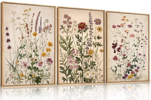 Ausril Vintage Wildflower Watercolor Framed Canvas Wall Art Set, Retro