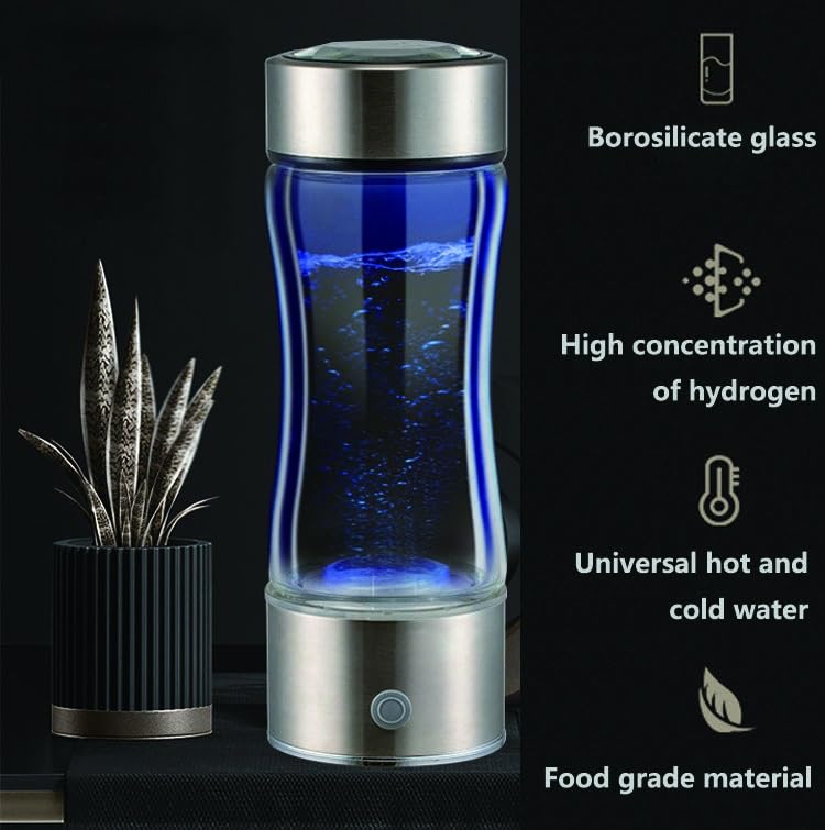 Hydrogen Water Bottle Portable Hydrogen-Rich Water Generator Ionizer 5 Minutes to Generate Hydrogen Concentration 1300-1600PPB High Borosilicate Glass Bottle 430ml