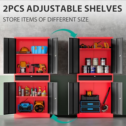 Image of SISESOL Metal Storage Cabinet with Drawer and Lock,Garage Storage Cabinet with Locking Doors and Shelves,71 inch Black Red Metal Cabinets,Lockable Steel Tool Cabinets for Garage,Home,Office,Shop