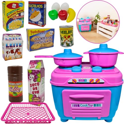 Kit Fogãozinho com 2 Panelas Rosa Cozinha de Brinquedo Menina + Mini Mini Mercado c/Comidinhas e Ces