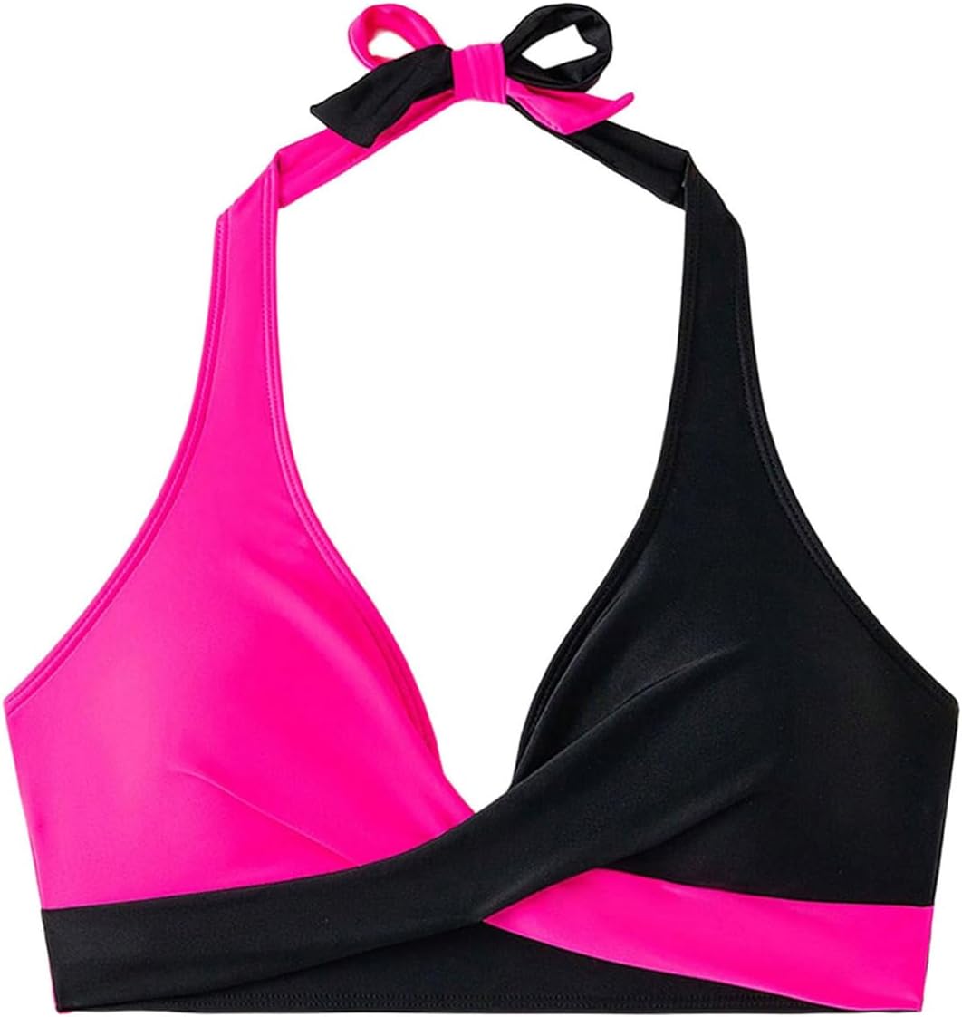 Milumia Women's Color Block Halter Bikini Top Cross Wrap Tie Backless Bathing Suit Tops