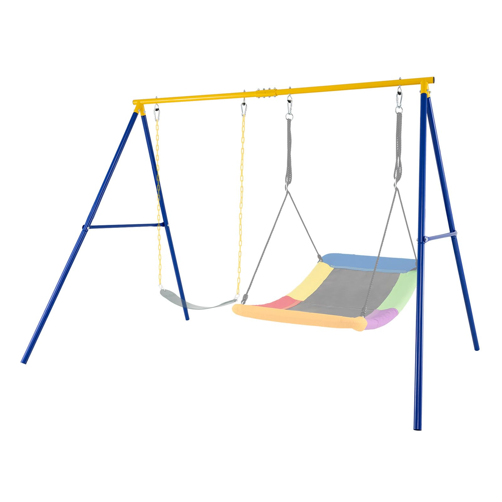 RELAX4LIFE Struttura per Altalena Doppia da Giardino con Portante 300kg, 2 Posti da Appendere, per Bambini e Adulti, Gioco Interno/Esterno, 4 Picchetti, Copripiedi e Moschettoni, Giallo e Blu